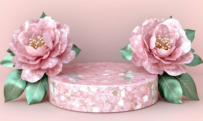 Elegant pink marble podium adorned with two large, realistic pink peonies, perfect for product display or branding.