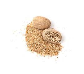 Nutmeg Isolated, Myristica Fragrans Fruit, Dry Spicy Nutmeg Powder, Grated Whole Muscat Nut, Nut Meg