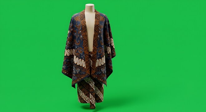 cartoon Javanese woman wearing traditional kemben with batik pattern, mannequin, ceremonial, dance and animation centered on isolated green screen background
 - Powered by Adobe