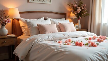 Cozy floral bed styled for Mother's Day Perfect for a relaxing and pampered celebration , holiday, fresh flowers