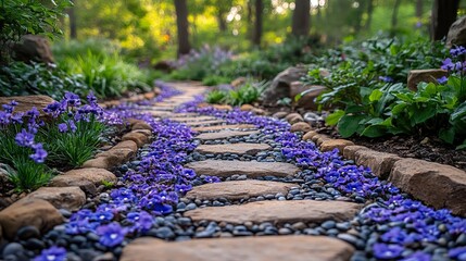 Violet flowers bloom along a winding garden path