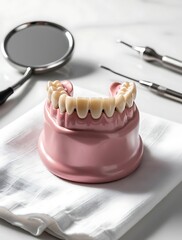 Dental model of human teeth and gums placed on medical cloth with dental tools and mirror, used for oral hygiene education, professional dental care and anatomy demonstration

