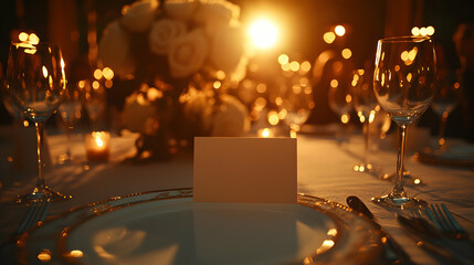 Elegant romantic dinner table setting with blank place card, candlelight, and blurred background. Perfect for wedding, event, or restaurant promotion.