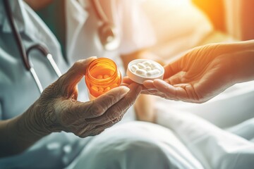 Doctor handing pills to patient with stethoscope visible in a hospital setting with bright lighting