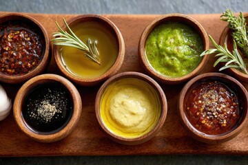 Assorted sauces in wooden bowls with herbs.