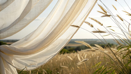 Soft, flowing curtain fabric with golden grasses swaying in the gentle breeze, creating a serene outdoor ambiance ideal for nature photography and peaceful scenery