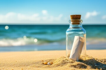 Message in bottle on sunny beach with waves