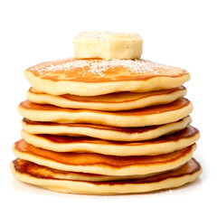 Stack of fluffy pancakes on a white isolated background.