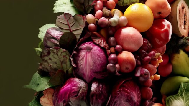 Close-up of an artistic wreath arrangement crafted with various fruits and vegetables in rich hues and textures against a dark background