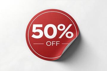 red circular sticker, big text "50% OFF"