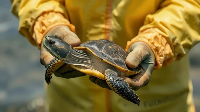 Rescuer holding a small turtle with patterned shell in gloved hands