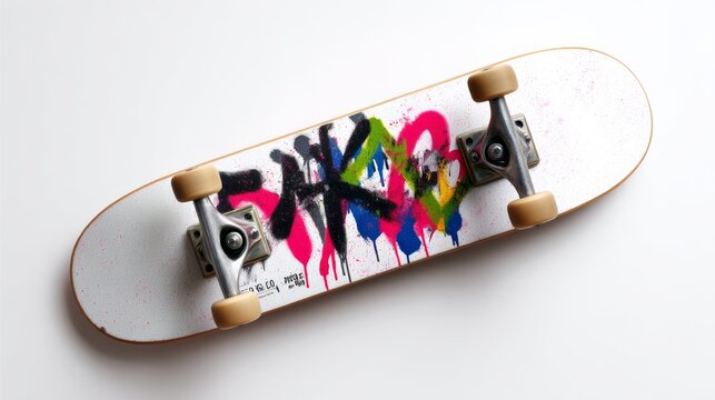 Skateboard with graffiti on it and the word "skank" written in pink, blue, and green