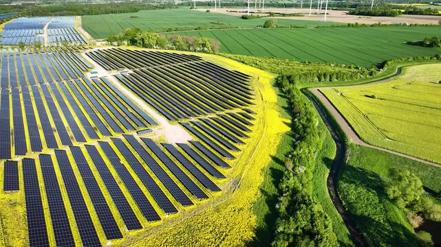 Aerial footage of large solar park  surrounded by farmland, yellow blooming fields and wind turbines on horizon. Sustainable energy landscape as transition to renewable power sources. Tilt up view.