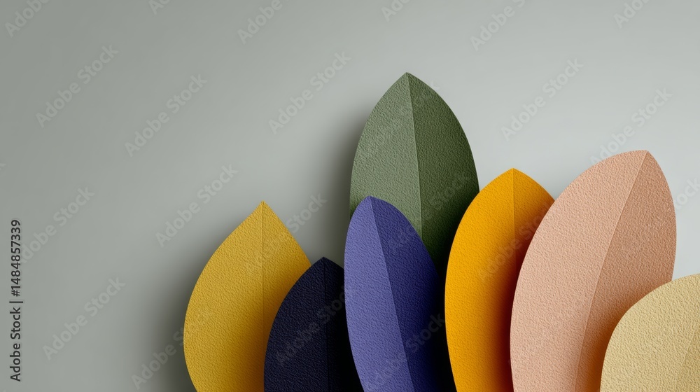 Poster collection of colorful leaves arranged in a row. the leaves are of different colors and sizes, creat