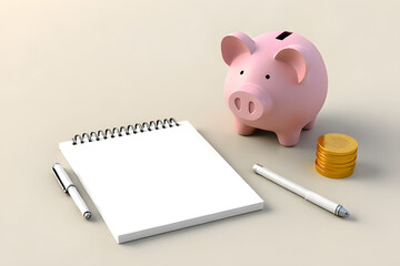 Notepads, pens, tax coins and piggy bank for calculating or planning taxes and finances