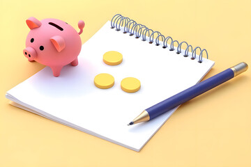 Notepads, pens, tax coins and piggy bank for calculating or planning taxes and finances
