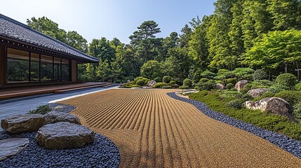 Zen garden with carefully raked gravel and strategically placed stones, promoting tranquility and contemplation