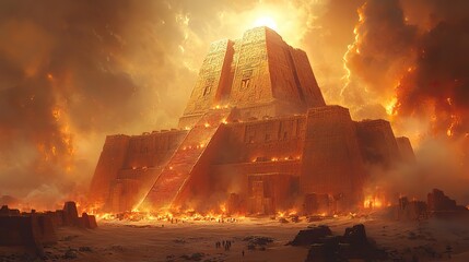 Ziggurat-shaped ancient temple rising majestically from the desert sands under a scorching sun