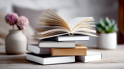 Naklejka premium Stack of books with a vase of flowers in the background. The books are arranged in a way that they are leaning on each other, creating a sense of stability and order