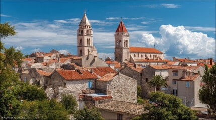 Fototapeta premium Historic European town with prominent church towers.