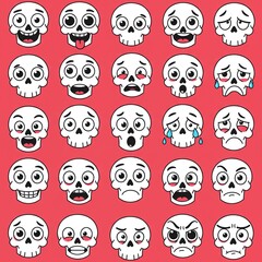 Skulls with various expressions on red background