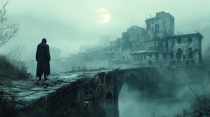 Zinc rooftops gleam under the pale light of a full moon, casting long, eerie shadows across a silent, urban landscape