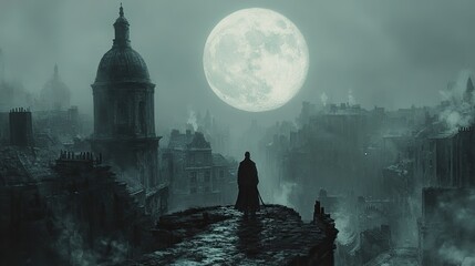 Zinc rooftops gleam under the pale light of a full moon, casting long, eerie shadows across a silent, urban landscape