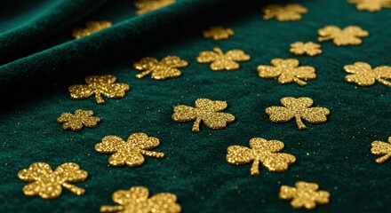 Gold glitter clovers on emerald green velvet