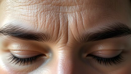 Close-up of female forehead with wrinkles, senior middle-aged woman face without make-up , shows natural signs of aging. Fine lines and creases in the skin becomes less elastic, focus on forehead