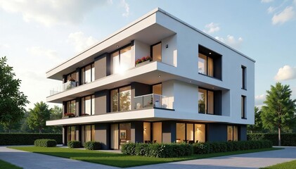 Modern Estonian apartment building with minimalist design, showcasing sleek lines and large windows , building, residential, concrete
