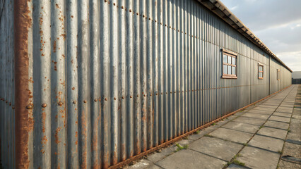 Textured weathered corrugated metal wall with rustic patina, featuring wooden-framed windows, showcasing industrial charm and aesthetic appeal in a country setting