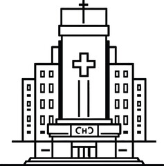 Naklejka premium Black and white vector illustration of a multi-story hospital building with a large medical cross symbol on the front, featuring multiple windows and an entrance labeled 