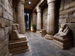 Fototapeta premium Ancient Egyptian Stone Statue of a Seated Pharaoh, Detailed Carving, Dramatic Lighting, Historical Artifact, Museum Exhibit, Archaeological Find.