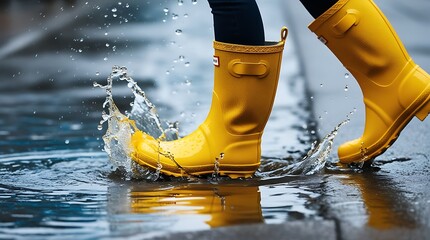Person in bright yellow rubber boots jumping in rainwater puddle, playful rainy day scene with splashes and reflections on wet asphalt surface, joyful outdoor moment



