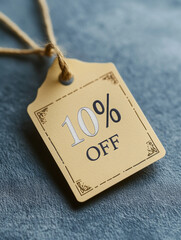 Yellow discount tag with 10% off on blue textured background.