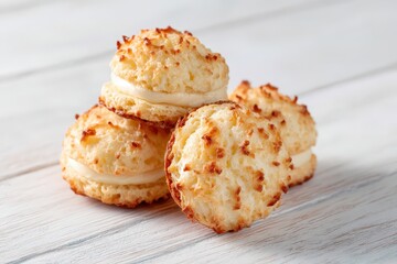 Fototapeta premium Stack of coconut macaroons with creamy filling on wooden table.