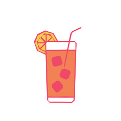 Illustration of a tall orange drink with ice cubes, a red straw, and a lemon slice. Perfect for summer, bar, or tropical themed projects. Vector illustration