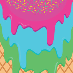 In the background is melting ice cream with sprinkles and a waffle cone. Menu background.