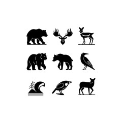 North American Animals Vector Icon Set - Minimalist Wildlife Silhouettes for Design Projects