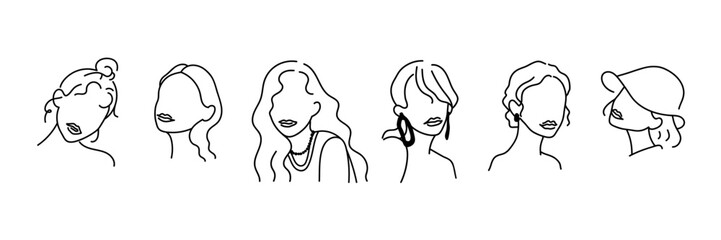 Abstract female portraits in minimalist line art style with beauty themes on transparent background