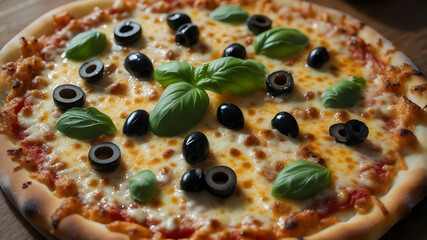 Delicious close up view of a freshly baked pizza topped with olives and basil leaves