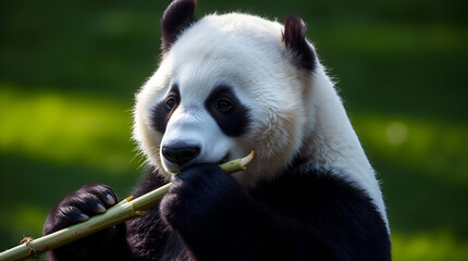 Obraz premium High-Contrast Portrait of a Panda Eating Bamboo – Intense Lighting Against Serene Green Backdrop (Generative AI)