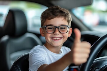 Happy teenage boy passes driving test in modern car
