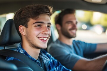 Teen boy practicing driving with instructor in car