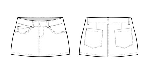 Low Rise Mini Skirt- Front and Back View- Flat Vector Illustration- Vector/Cad Mock-up 