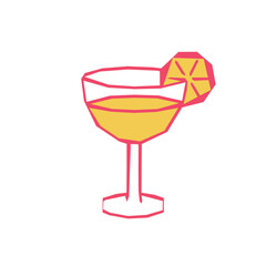Minimalist illustration of a yellow cocktail in a geometric glass, garnished with a lemon slice. Great for summer, beach, or party themed designs. Vector illustration