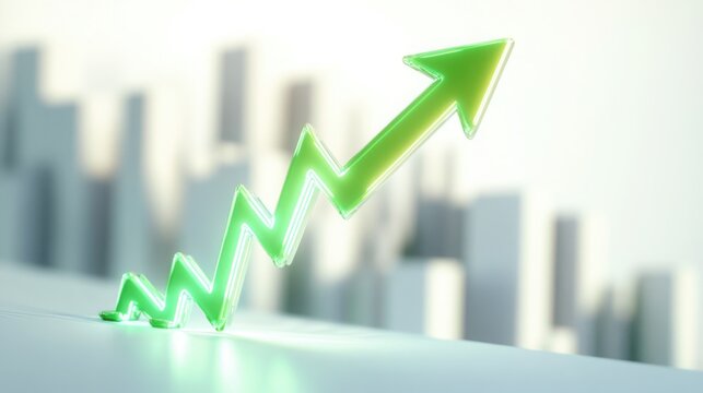 Ascending neon green arrow symbolizing financial growth and economic recovery abstract city