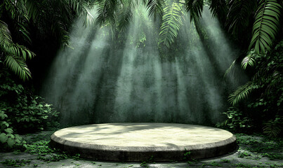 Mystical jungle scene with sun rays illuminating a circular stone platform, perfect for product display or fantasy backdrop.
