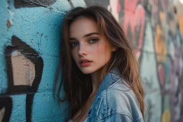 Fototapeta premium Urban woman leans confidently against graffiti wall