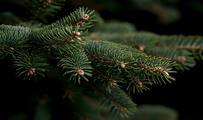 Lush green pine tree branches with soft focus background, showcasing intricate details of needles and cones. Ideal for nature, Christmas, or holiday themes.